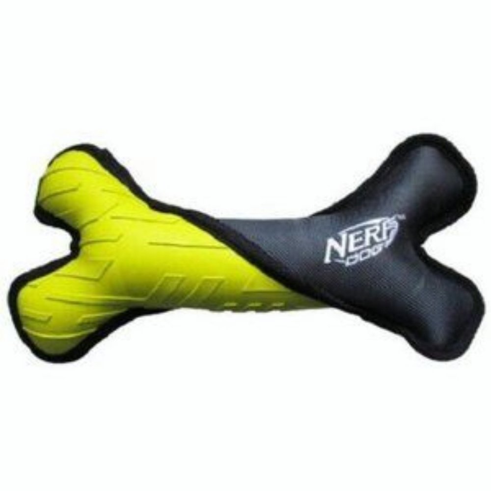 NERF Tough Plush Green & Dark Gray Stuffed Bone Dog Toy Nylon & Rubber NWT